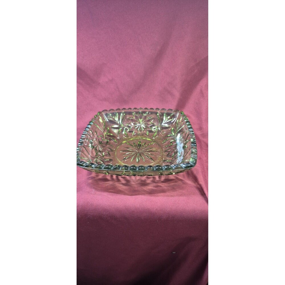 Vintage Hazel Atlas Avocado Green Glass Square Candy Bowl Dish Star & Fan 6.5"